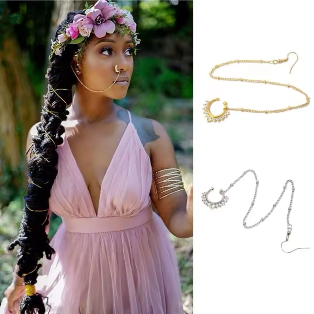 Gold Septum or Side Wall Nose Ring with Attatched Chain and Earring - Picture 2 of 4